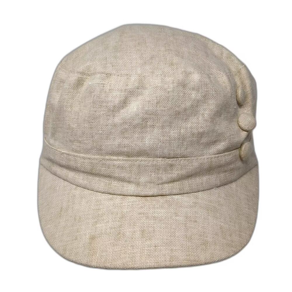 D&Y Army Cap Hat Beige One Size Fitted Linen Blend Floral Lining Trim Buttons